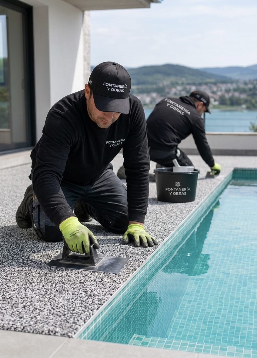 Profesional instalando moqueta de piedra junto a piscina